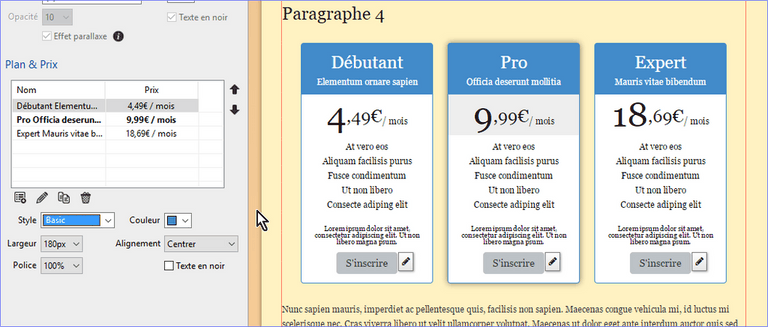 création de Plan et Prix