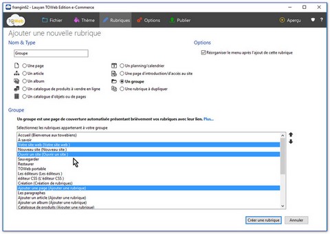 Sélection des rubriques