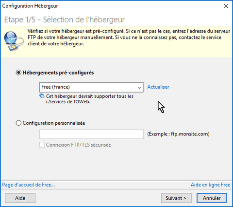 sélection de l'hébergeur