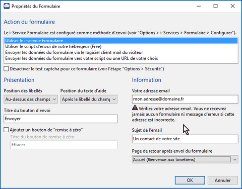 Les options du formulaires