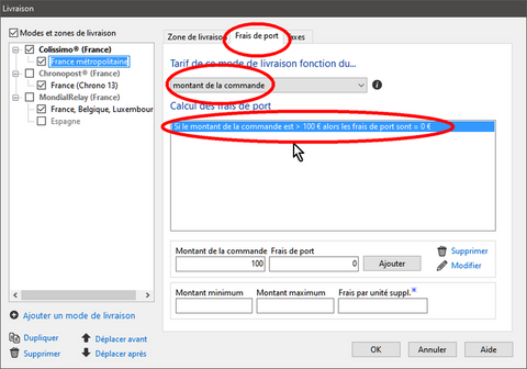 Frais suivant le montant Frais suivant le montant