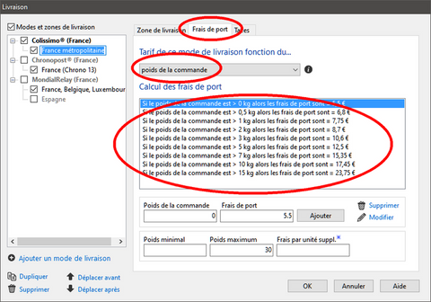 Frais suivant le poids Frais suivant le poids