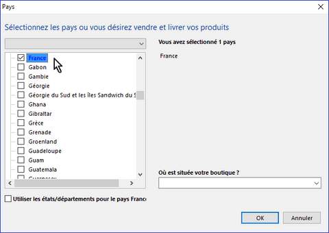 Sélection du pays de vente